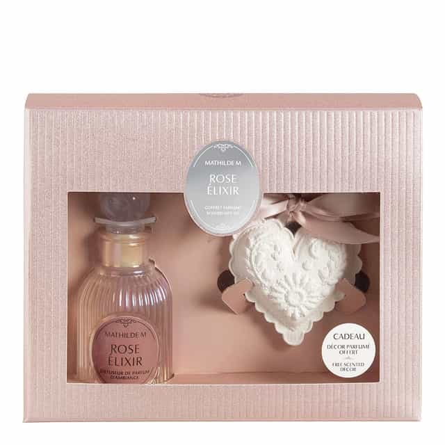 Coffret Mikado 90ml + Gesso Coração aroma Rose Élixir: Mathilde M. Coffret Difusor Ambiente 90ml + Coração em Gesso Rose Élixir - Mathilde M.